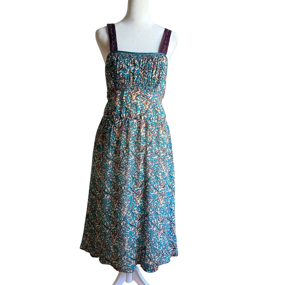 Y2K Vintage TUFI DUEK | Blue Floral Print Silk Empire Waist Dress | Size 6 / 40